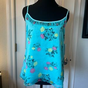 Aqua Floral Chiffon Camisole Tank Top, Fairylike Trim Spaghetti Strap Blouse
